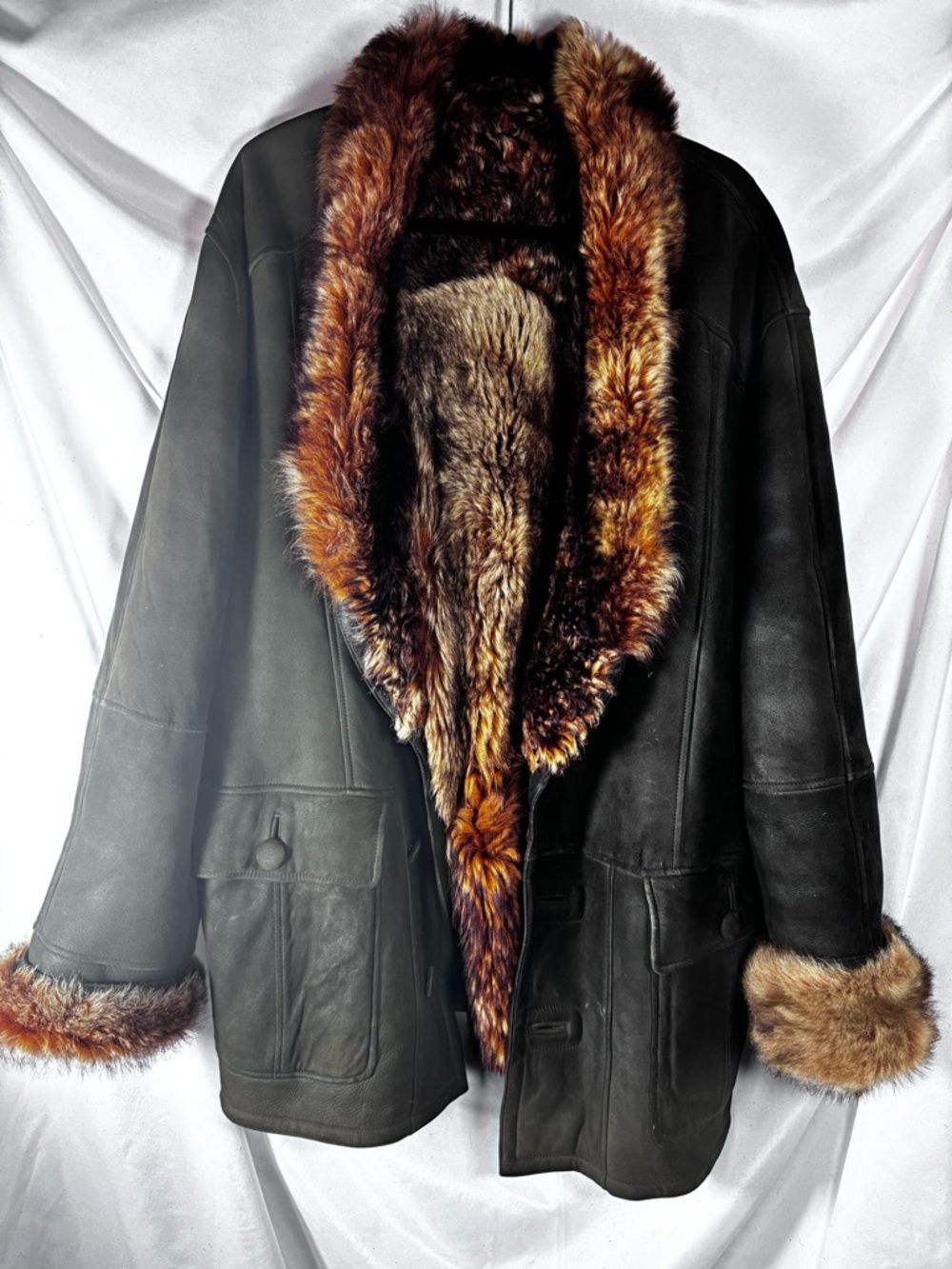 Women's Black Leather Jacket with Brown Fur‎ Trim - Luxe Winter Coat